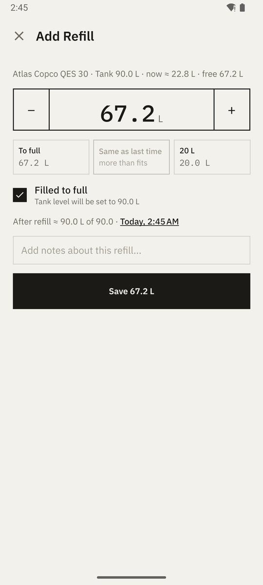 Refill sheet on Android: litre stepper, to-full and same-as-last-time presets, filled-to-full checkbox and the level after the refill