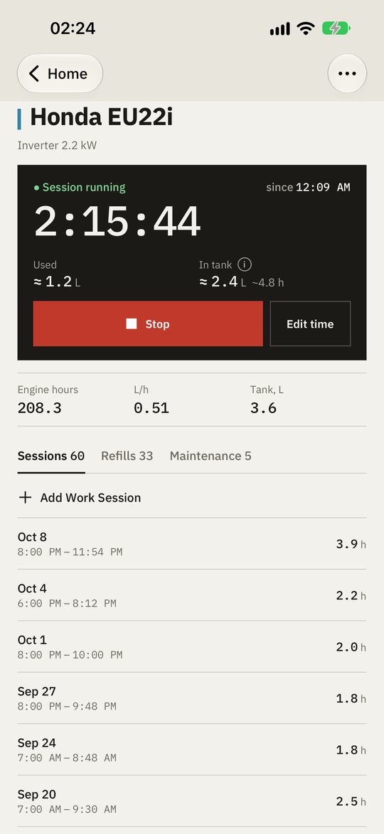 Generator screen on iPhone with a running session clock, fuel used and left, engine hours and the sessions list