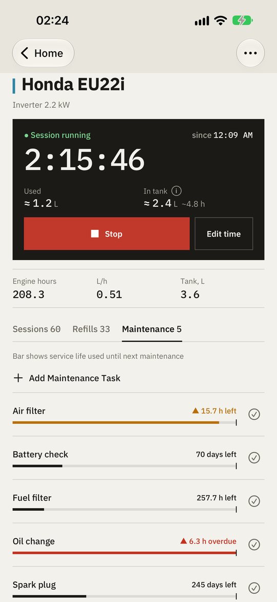 Maintenance tasks on iPhone with interval bars: oil change overdue, air filter due soon, spark plug OK
