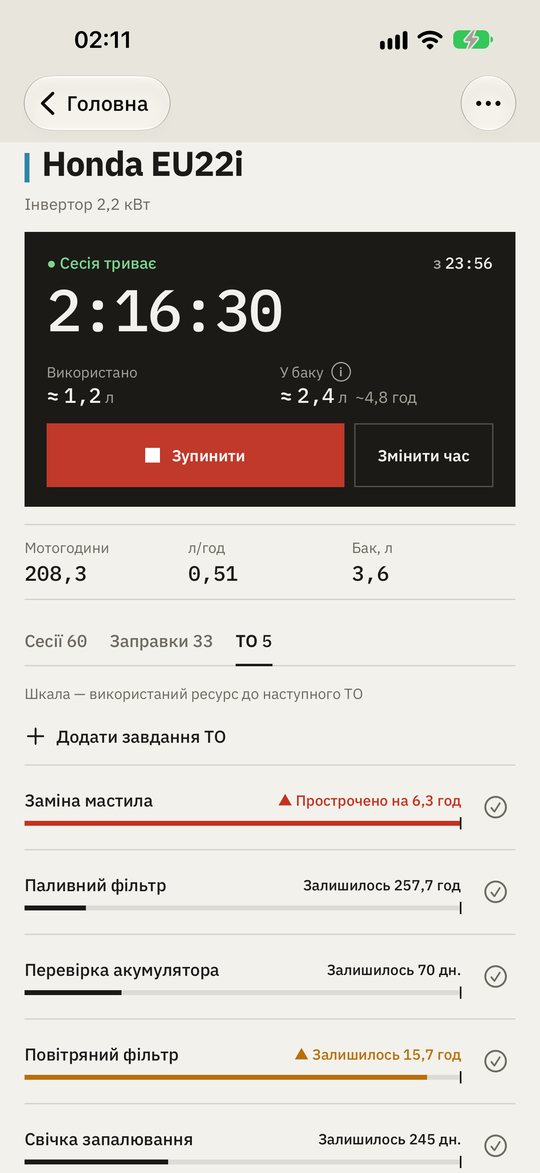 Завдання ТО на iPhone зі смугами інтервалів: заміна мастила прострочена, повітряний фільтр скоро, свічка в нормі